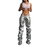 DHYghjtt Damen Sexy PU Kunstleder Niedrige Taille Falten Gerade Hose Beiläufig Hose Nachtclub Bar Sänger DS Bühne Kostüme,Silber,L
