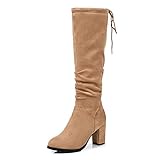 Damenmode Chunky High Heel Hohe Stiefel Kreuzgebundener seitlicher Reißverschluss Bequemer Rutschfester Winter Halten Sie warm Runde Zehe Kniehohe Reitstiefel (Apricot,34)