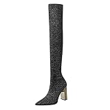 Fashion Chunky Boots Breathable Women's Zipper Thigh Retro Heels High Shoes Women's Boots Boots (Silver, 38)