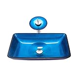 WXYU Waschbecken und Wasserhahn für Badezimmer, rechteckige Aufsatzwaschbecken, gehärtetes Glas, Waschtischschüssel auf der Oberseite, blaues Waschbecken mit Abfluss, Montagering