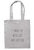 illustratedidentity I Wake Up With Cats and Coffein-Tragetasche, 37,5 x 42 cm, mit langen Griffen, hellgrau, Einheitsgröß