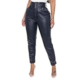 EpicLife Damen-Cargohose aus Kunstleder, Vintage-Stil, hohe Taille, einfarbig, mit Reißverschluss, Streetwear, marineblau, XXL