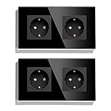 BSEED Schuko Steckdose 2er Pack, 2 Fach Unterputzdose Steckdose, 16Amp AC Power Kristallglas Platte, 157mm Doppelt Schutzkontaktbuchse Wandsteckdose Schw