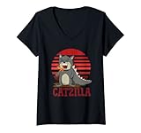 Damen Catzilla Anime Katzenkätzchen Japanische Katzen Katze Cat T-Shirt mit V