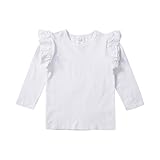 Kinder Basic T-Shirt Baby Mädchen Langarm Rüschen Schulter Tops Einfarbige Bluse Kleinkind Kleidung (Weiß, 1-2 Jahre)