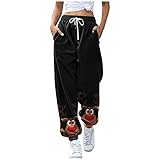 BOOMJIU Damen Weihnachts Jogginghose Schwarz Weihnachtshose Reindeer Elch Lang Trousers Bedruckt Hohe Taille Lang Trousers Sportleggins Yogahose Xmas Print Laufhose W