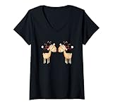 Damen Happy Weihnachsmann Rentier Duo I Motiv für Weihnachten T-Shirt mit V