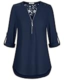 Damen Spitzen Longbluse,V-Ausschnitt Bluse 3/4 Ärmel Tunika ReißVerschluss Solid Langarm Tops Elegant Oberteile,Marineblau,XL