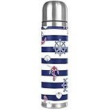 Thermoskanne mit Anker-Motiv, Leuchtturm, Muschel, gestreift, vakuumisolierte Wasserflasche, kompakt, Edelstahl, Kaffee-/Reisebecher, 500