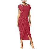 S-UN Damen Langes Kleid T-Shirt Kleid Rundem Hals Kurzarm Maxikleid Einfarbig Geteilte Gabel Cocktailkleid Arbeitskleidung ÜBergrößE Freizeitkleid mit B
