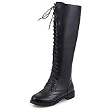 MJIASIAWA Damen Leisure Runde Zehen Niedrige Absatz Mode Schnüren Knee Motorradstiefel Klassischer Winter Warm Draußen Reitstiefel Schwarz Gr 39 EU/40