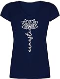 Yoga und Wellness Geschenk - Namaste Lotusblüte weiß - M - Dunkelblau - Namaste Yoga Tshirt Damen v-Ausschnitt - XO1525 - Damen T-Shirt mit V