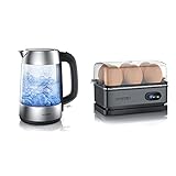 Arendo - Premium Edelstahl Glas Wasserkocher inkl. LED-Innenbeleuchtung - neues Modell Edelstahl oben unten & Arendo - Eierkocher Edelstahl mit Warmhaltefunktion - Kipp Funk