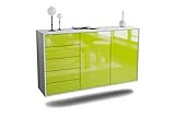 Kommode Sideboard hängend - Saarbrücken - Korpus Weiss matt - Front Hochglanz Design Grün- (136x77x35cm) - Push to Open Technik & hochwertigen Leichtlaufschienen - Made in Germany