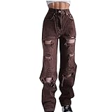 Jeanshosen Frauen Hohe Taille Tasche Solide Lässige Lose Breites Gerades Bein Jeans Loch Hosen Damen Jeans Gerade Breites Bein Baggy Denim Hosen Y2k Vintage Jeanshosen 90er Streetwear Straight Leg