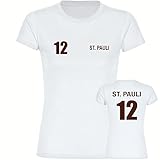VIMAVERTRIEB® Damen T-Shirt St. Pauli - Trikot Nr. 12 - Druck:braun - Shirt Frauen Fußball Fanshop Fanartikel - Größe:S weiß