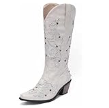 WAYERTY Bestickte Strass Damen Casual Hohe Cowgirls Stiefel, Künstliche PU Mittlerer Blockabsatz Lange Röhrenstiefel Plus Größe Winter Warme Ritter Kurze Stiefel Westernstiefel,Weiß,39 EU