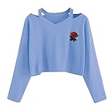 Bauchfreie Oberteile Teenager Mädchen Damen Bauchfrei Pullover Kurz Sweatshirt V-Ausschnitt Kalte Schulter Rose Stickerei Casual Jumper Tops Oberseite Frauen Crop Langarm Pulli Bluse Ob