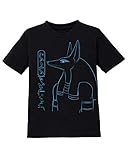 Ägypten T-Shirt Kinder mit Anubis Bastet Horus Hathor Seth Thot personalisiert mit Namen in Hieroglyphen (110/116, Schwarz/Saphirblau)