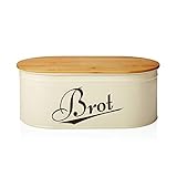 Lumaland Cuisine Brotkasten Brotdose Brotbox aus Metall mit Bambus Deckel, oval 36 x 20 x 13,8 cm Beig