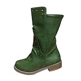Xmiral Damen Mittelhohe Stiefel Irregulär Herbst Und Winter Round Zehen Lederstiefel Mit Dicker Absatz Seitlicher Reißverschluss (Grün, 36)