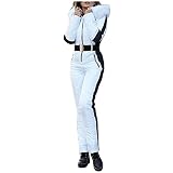 Einteiliger Damen-Skianzug, winddicht, wasserdicht, Winter, warm, Ski-Overall, lässig, abnehmbare Kapuze, Schneeanzug für Schneesport, weiß, 38