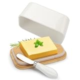 Punvot Butterdose Porzellan Große Butterdose Klassische Butterglocke Butterdose Porzella Butterschatz Butterglas Butterbehälter mit Holzdeckel und Buttermesser Butterschale für Haushalt und Kü