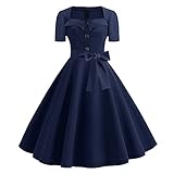 Damen Vintage Abendkleid Elegante Hochzeit Solide Swing Cocktailkleid mit Knöpfen 1950er A-Linie Kleid T-Shirt Kleid Faltenrock Bow Belt Kleider Partykleid Retro Party