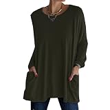 Damen FrüHling Sommer Neu Rundhals Langarm Lose Tasche Einfarbig T-Shirt LäSsige Damenbekleidung