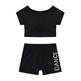 inlzdz Kinder Mädchen zweiteiliges kurzärmeliges Tanz Crop Top T-Shirt mit Shorts Hose für Gymnastik Trikot Sport Outfits schwarz 3–4 J