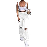 Frauen zerrissene Jeans aushöhlen Hosen High Low Rise Cutout Baggy Straight Wide Leg Jeans Y2K Fashion Denim Streetwear Pants (Color : White, Size : XXL)