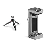 Manfrotto PIXI-EVO Mini-Stativ (2 Segment) (Tischstativ, für Einsteiger-DSLR-Kameras und Geräte bis 2,5 kg, MTPIXI-EVO) schwarz & Twist Grip universelle Smartphone-Halterung grau/Silb