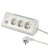 Electraline 62513, Mehrfachsteckdose, 3-fach Steckdosenleiste mit 2 USB-Anschluss und LED-Nachtlicht (mit Schalter) Multifunktionale Ecksteckdose für Küche und Büro (1, 5M Kabel)