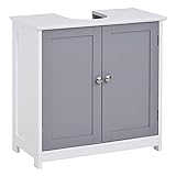 kleankin Waschbeckenunterschrank Badezimmerschrank Waschtischunterschrank mit 2 Türen Regal verstellbar MDF Weiß+Grau 60 x 30 x 60