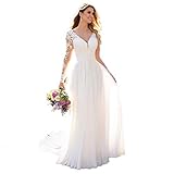 Nanger Damen V-Ausschnitt Hochzeitskleider Lang Ärmel Spitze Chiffon Boho Brautkleider Weiß 38