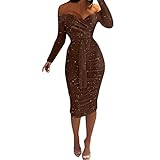 BOTCAM Bandeau Kleider Satinkleider Für Damen Enges Kleid - Glitzer Frauen Elegante Off Shoulder Langarm Bodycon Midikleid Paillettenkleid Mit Gürtel Partykleid Abendkleid Rot Ballkleid M
