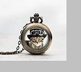 Taschenuhr mit Katzen-Anhänger, Halskette mit Anhänger, Steampunk-Anhänger, Taschenuhr, Glasfliesen-Schmuck, Steampunk-Uhr,