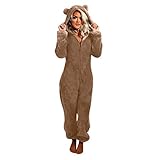 MJGkhiy Overall Damen Schlafanzug Warmer Einteiliger Damenpyjama Süßer Damenoverall Teddy Plüsch Flauschiger Einteiliger Pyjama Flauschiger Damenpyjama Familiengeschenk