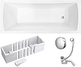 VBChome Badewanne 170x70 cm Acryl SET Wannenträger Siphon Wanne Rechteck Weiß Design Modern Styroporträger Ablaufgarnitur in Chrom Viega Simplex (170x70 cm)