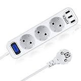 Steckdosenleiste mit USB 3-Fach Steckerleiste Wandmontage (2500W/10A) Steckdosenleiste Überspannungsschutz Mehrfachsteckdose mit 1.5m Kabel & Schalter Kindersicherung für Büro Zuhause & R
