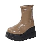 JDGY Plateau Boots Damen Stiefeletten Keil Chunky Schuhe Leder Schlupfstiefel Flache Ankle Boots Retro Winterstiefel Rutschfest Knöchel Schuhe D