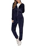 NC Damen Velours Jumpsuit Samt Anzug Jogginganzug One Piece Trainingsanzug Overall Sportanzug Einteiler Nicki Hausanzug Onesie Freizeitanzug Sportswear Tracksuit mit Taschen Navyblau L