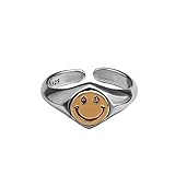 925 Sterling Silber Damenring Goldener Smiley Retro Mode Exquisiter Offener Ring Weiß