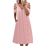 AmShibel Sommerkleider für Damen, lässig, V-Ausschnitt, kurze Ärmel, Schulterriemen, Sommerkleid mit Reißverschluss, Midi-Kleid, Solid Pink, XX-Larg