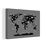 Leinwandbild - Weiße Weltkarte mit Tieren - schwarz und weiß - 30x20