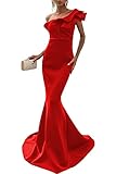 NaTengs Damen One Shoulder Meerjungfrau Abend Partykleid Satin Lange Ballkleider, rot, 36