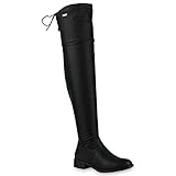 stiefelparadies Damen Overknees Stiefel Leicht Gefütterte Boots Leder-Optik Schuhe 152699 Schwarz Schleifen 36 F