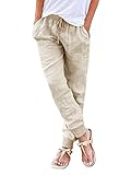 ORANDESIGNE Damen Leinenhose 7/8 Länge Leichte Sommerhose Strandhose Weich Bequem Loose Einfarbig Freizeithose Jogginghose Haremshose Mit Kordelzug Beige M