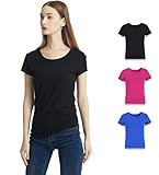 KELOYI Tshirt Damen 3er Pack Basic Rundhals Schlank Kurzarm Blusenshirt Hemd Blickdicht,Schwarz Blau Rosarot,M
