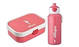 DeinKindergeschirr Brotdose und Trinkflasche mit Wunschmotiv und Namen personalisierbar, Sparpreis,, Bento-Box und Fruchtgabel (Flamingo pink)